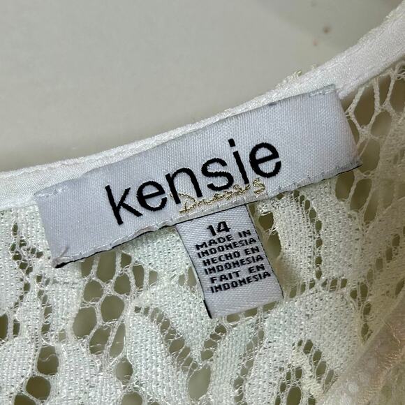 Kensie White Dress Size 14 Lace Top Tiered Pleated Ribbon Short Sleeves - Picture 7 of 14